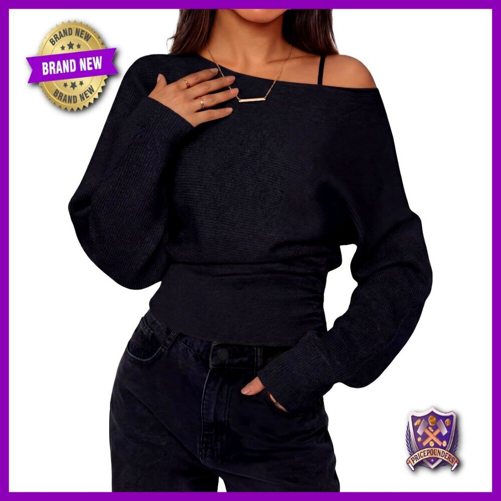 Off Shoulder Bat Wing Sleeve Ribbed Knit Pullover Cinched Waist Boat Neck